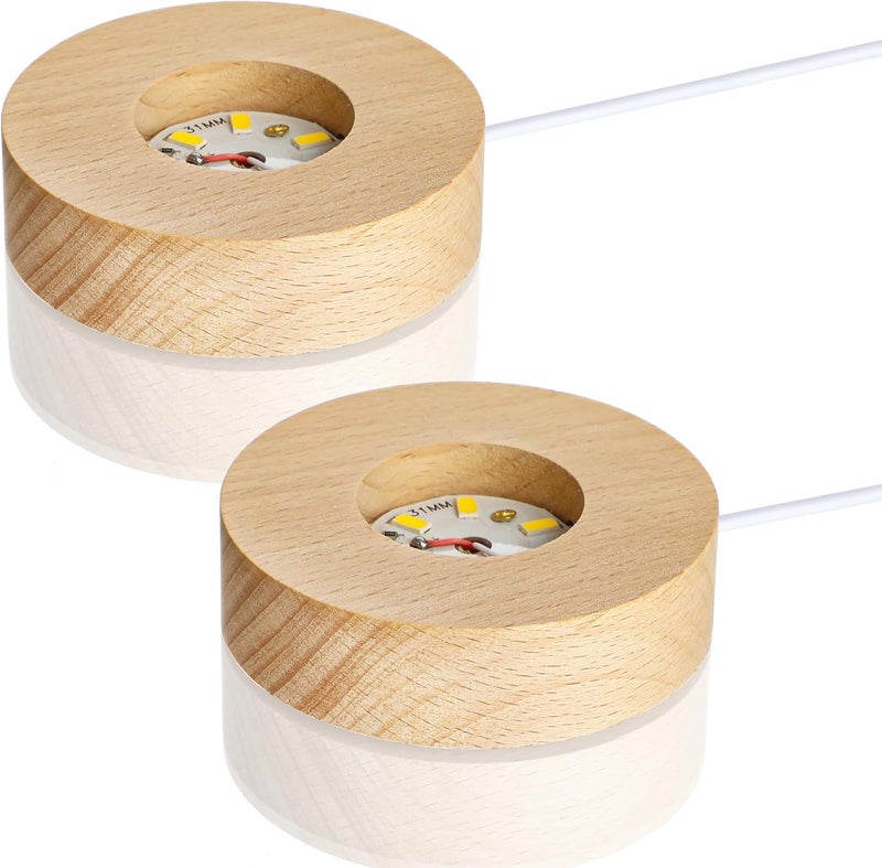 ZEERSHEE 2Pcs Led Wood Display Stand for 3D Crystal Glass 2.7in Resin Art Light Wooden Lamp Base for Crystals LED Round Display Pedestal - Image 1